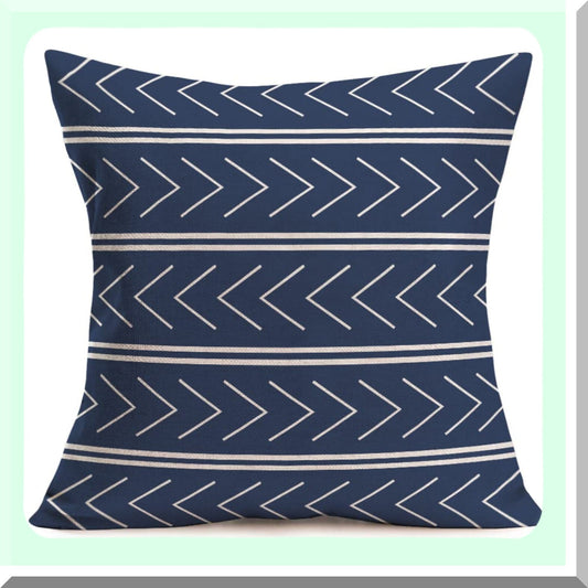 Mountain Stripe Navy Blue Decorative Pillow Cover - Mud Cloth Inspired Black Case with Blue White Stripes - Cotton Linen Cushion Case for Chair - 18x18 Inch Square Pillow Case