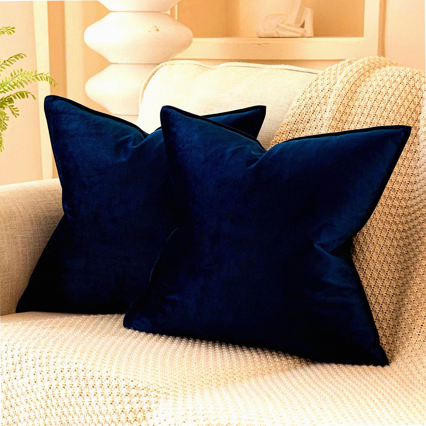 Luxury Navy Velvet Cushion Covers 28x28 - Set of 2 | Decorative Soft Throw Pillow Cases with Invisible Zipper for Sofa, Couch, Bed - Elegant Home Decor
