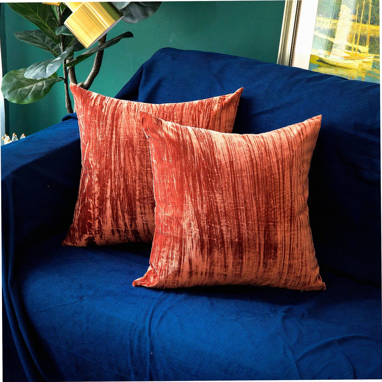 Luxurious Velvet Farmhouse Pillow Covers - Set of 2 Solid Crepe Square Cushion Cases for Home Sofa Couch Decor - 18x18 Inch Auburn Decorative Pillows