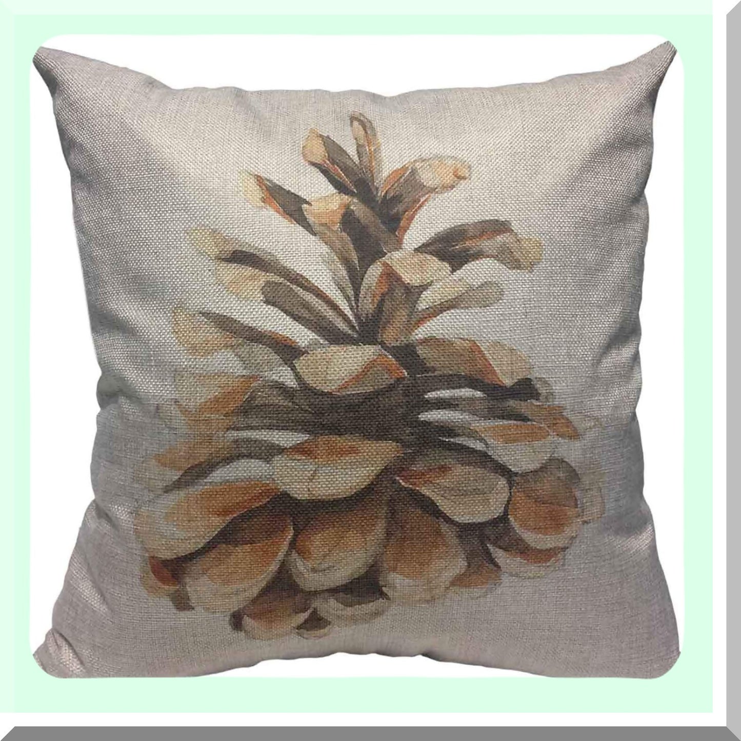 Pine Cone Botanical Watercolor Throw Pillow Cover - Green Hand-Painted Cotton Linen Cushion Case 18x18 Inch - Decorative Square Pillowcase Brown