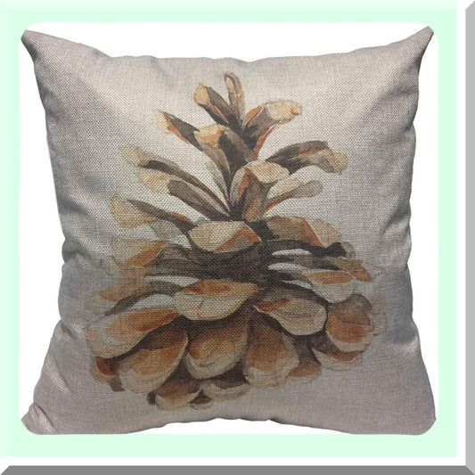 Pine Cone Botanical Watercolor Throw Pillow Cover - Green Hand-Painted Cotton Linen Cushion Case 18x18 Inch - Decorative Square Pillowcase Brown