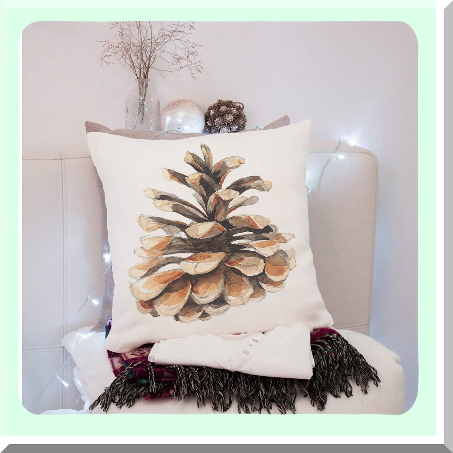Pine Cone Botanical Watercolor Throw Pillow Cover - Green Hand-Painted Cotton Linen Cushion Case 18x18 Inch - Decorative Square Pillowcase Brown