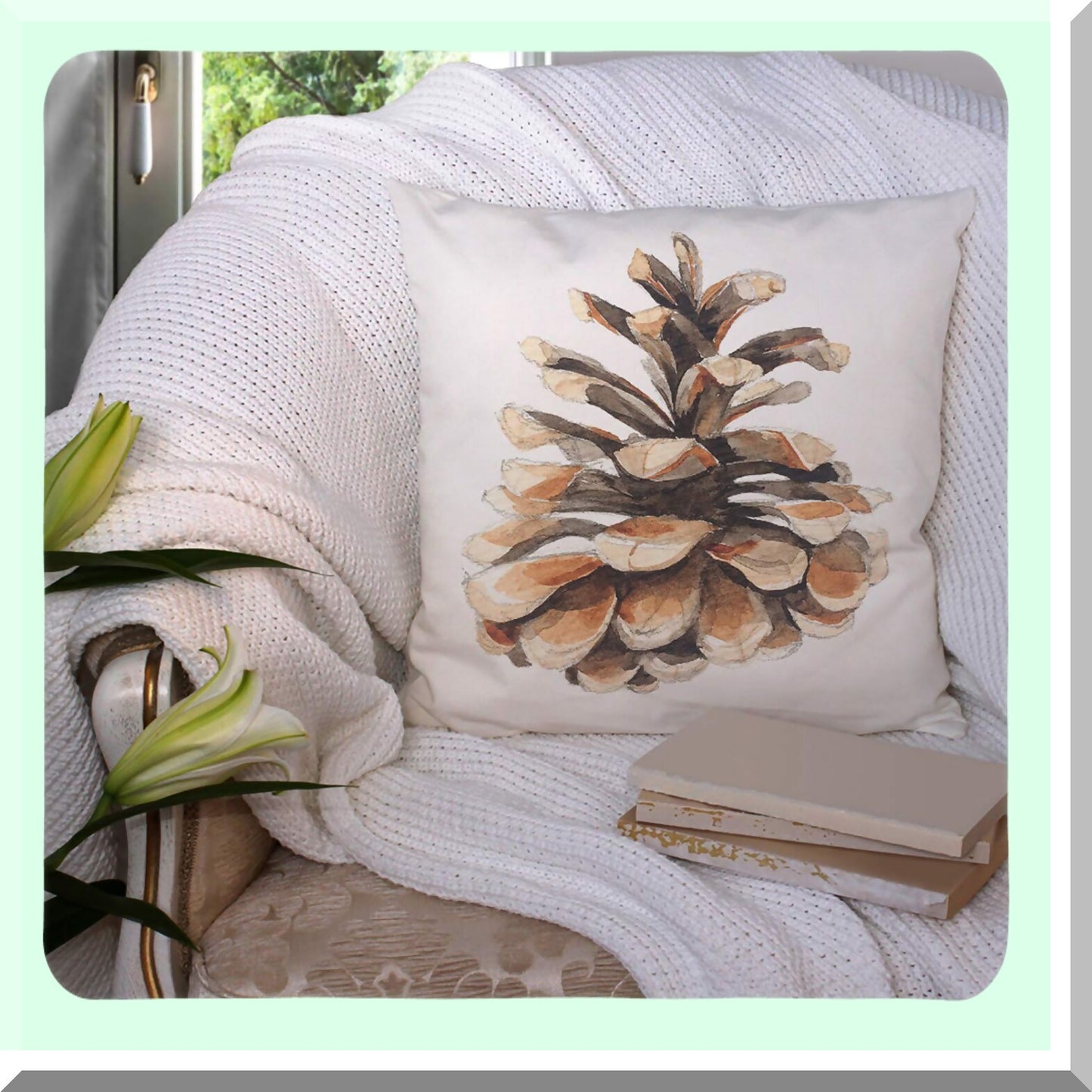 Pine Cone Botanical Watercolor Throw Pillow Cover - Green Hand-Painted Cotton Linen Cushion Case 18x18 Inch - Decorative Square Pillowcase Brown