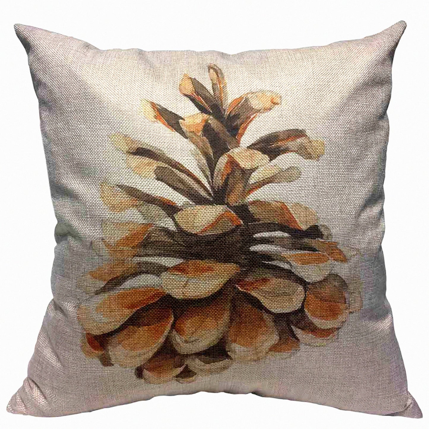 Pine Cone Botanical Watercolor Throw Pillow Cover - Green Hand-Painted Cotton Linen Cushion Case 18x18 Inch - Decorative Square Pillowcase Brown
