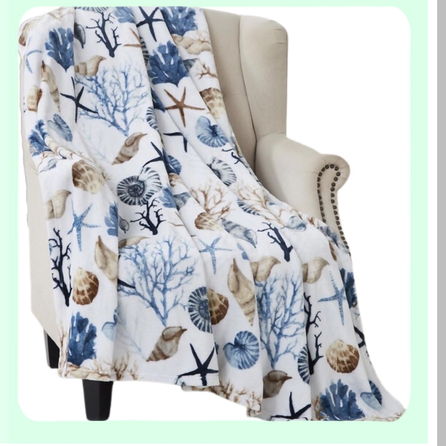 Seaside Serenity Plush Throw: Soft Velvet Fleece in Blues, Greys, Beige with Shells, Coral, and Starfish Accents