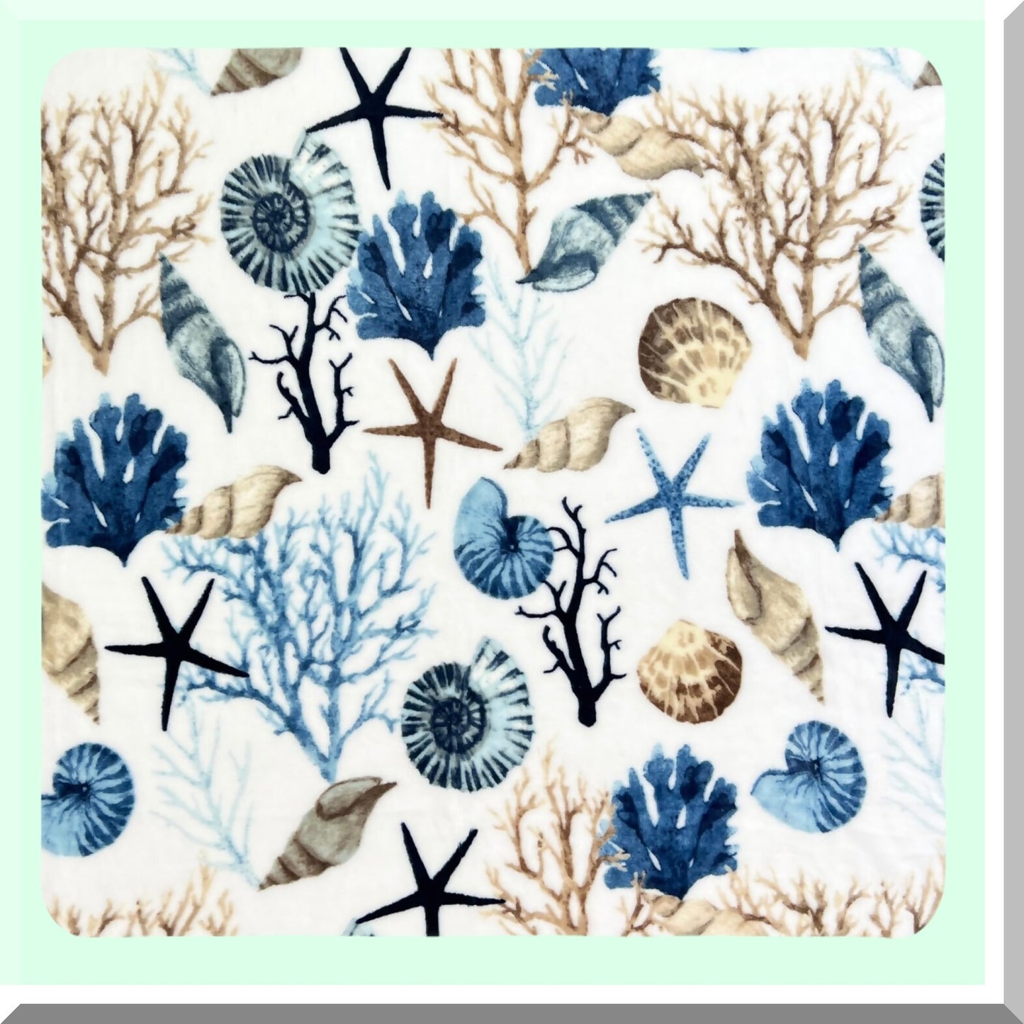 Seaside Serenity Plush Throw: Soft Velvet Fleece in Blues, Greys, Beige with Shells, Coral, and Starfish Accents