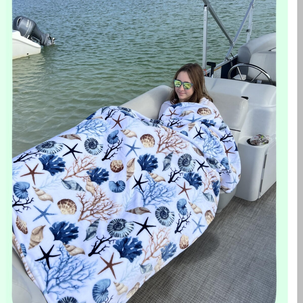 Seaside Serenity Plush Throw: Soft Velvet Fleece in Blues, Greys, Beige with Shells, Coral, and Starfish Accents
