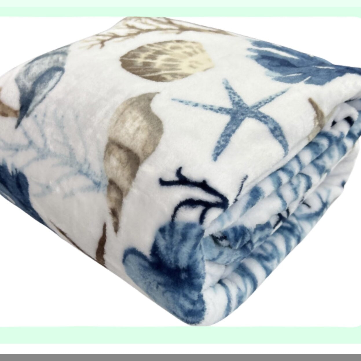 Seaside Serenity Plush Throw: Soft Velvet Fleece in Blues, Greys, Beige with Shells, Coral, and Starfish Accents