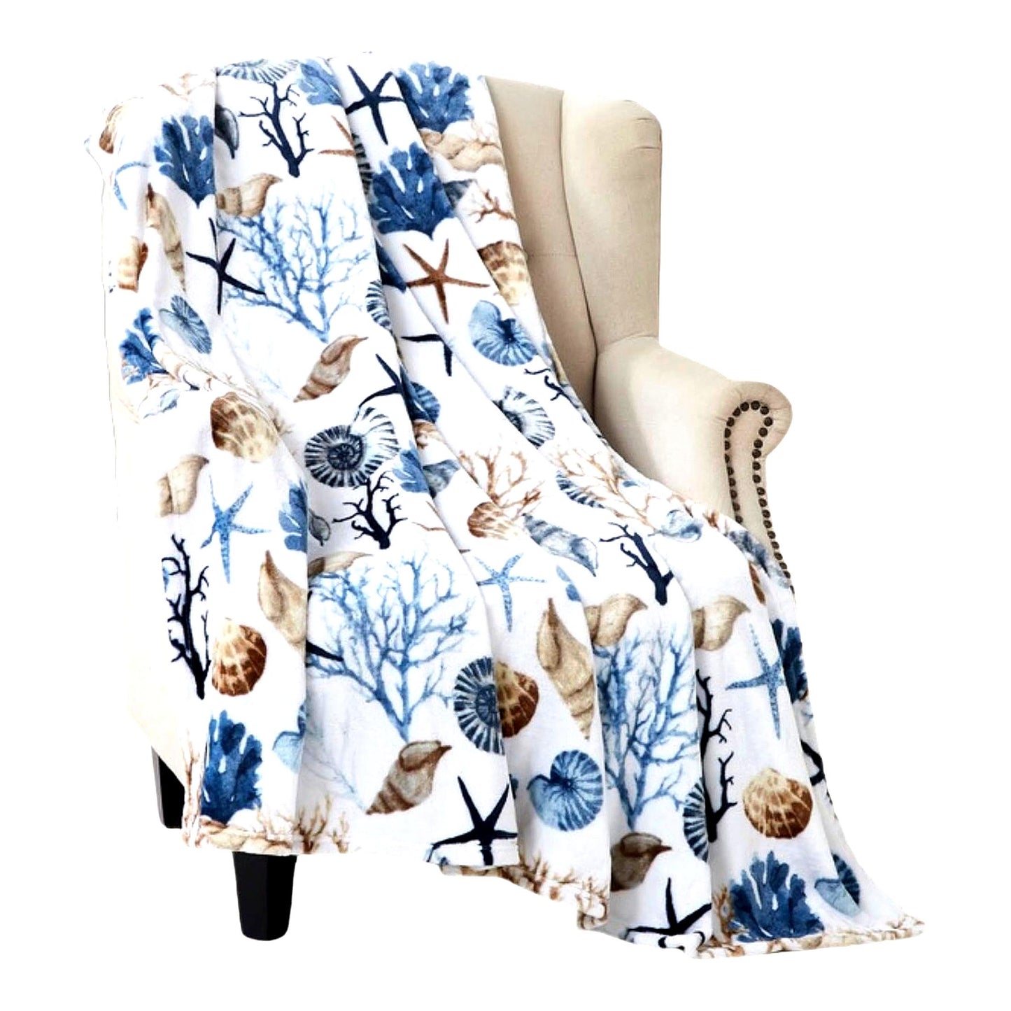Seaside Serenity Plush Throw: Soft Velvet Fleece in Blues, Greys, Beige with Shells, Coral, and Starfish Accents
