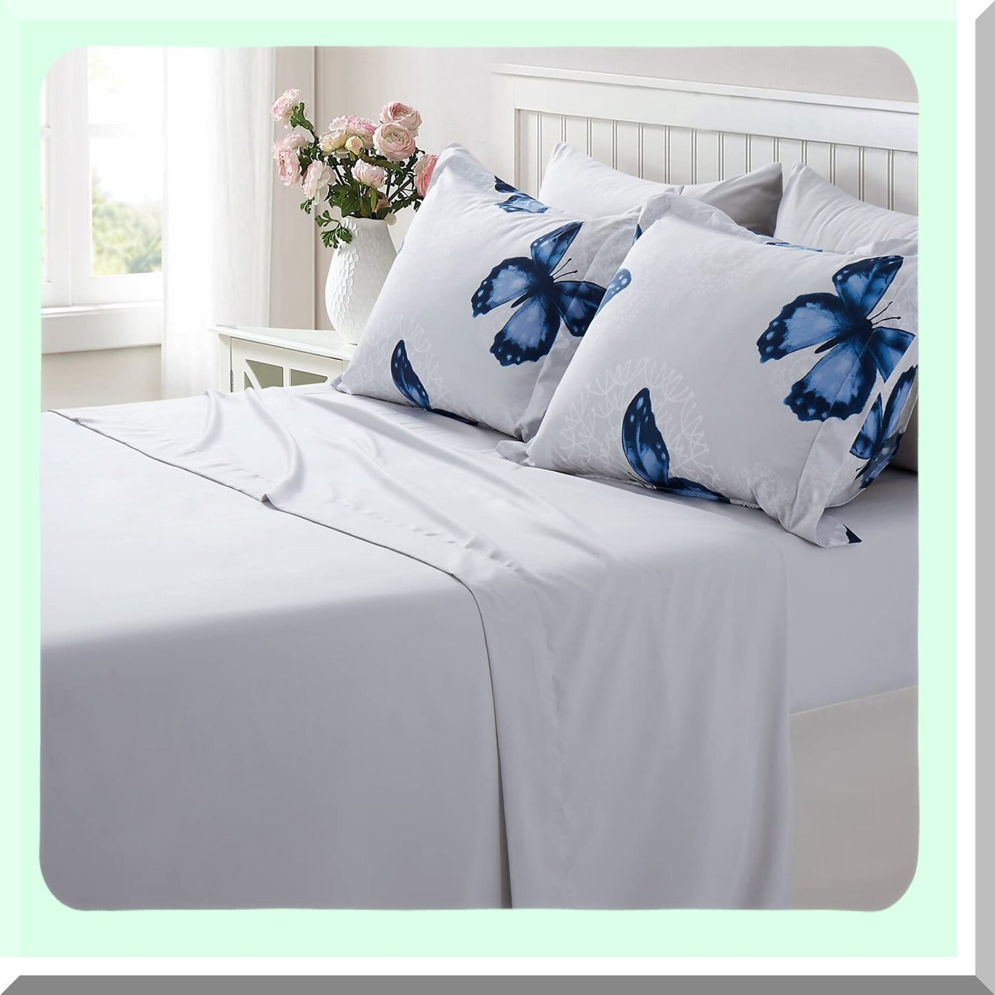 Blue Butterfly Dreams 8-Piece Bed in a Bag Set - Full/Queen Comforter, Pillow Shams, Sheets, Bed Skirt, Pillowcases - Butterfly Pattern Bedding