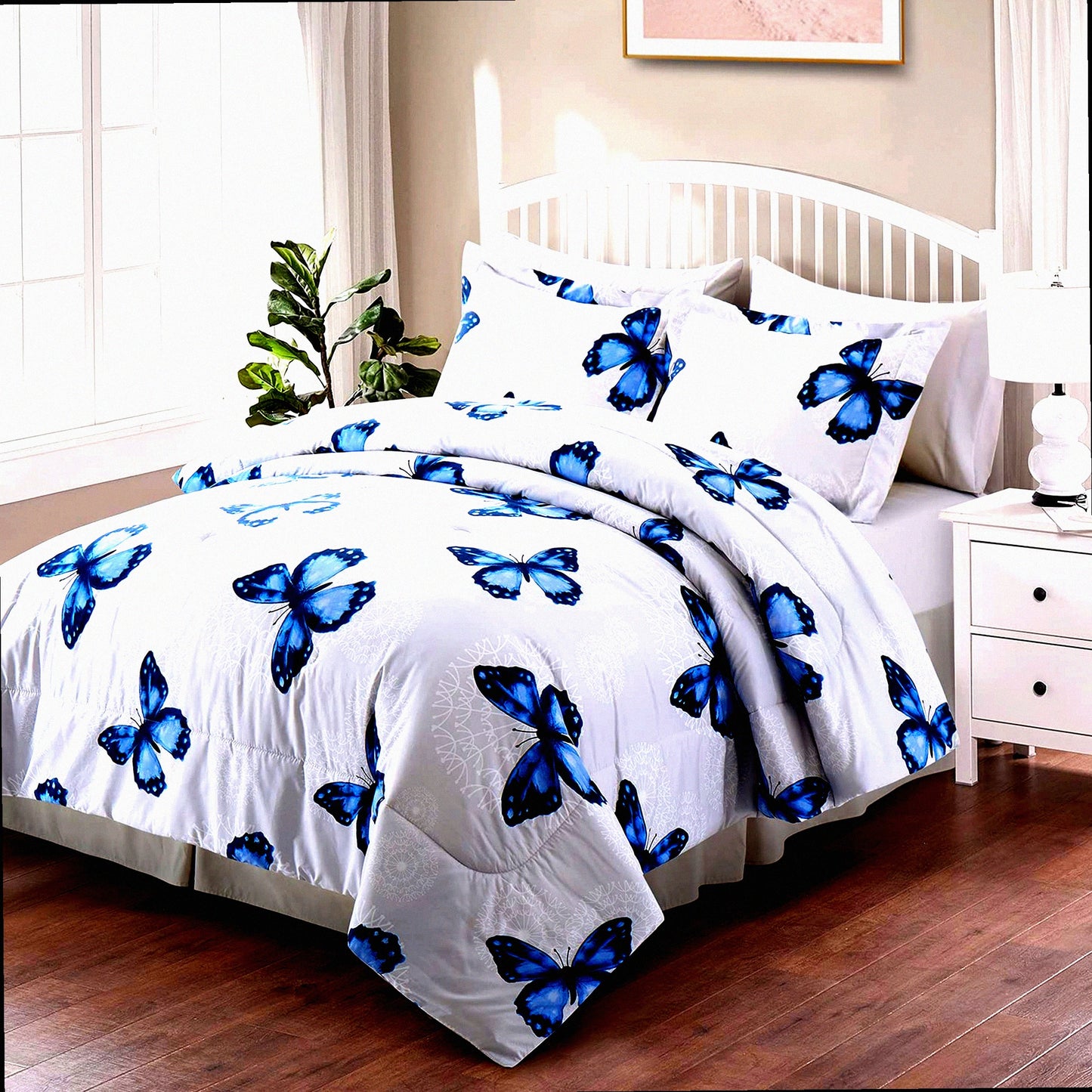 Blue Butterfly Dreams 8-Piece Bed in a Bag Set - Full/Queen Comforter, Pillow Shams, Sheets, Bed Skirt, Pillowcases - Butterfly Pattern Bedding