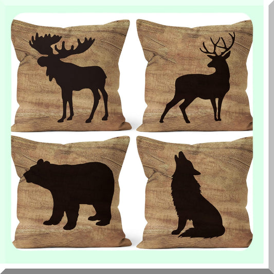 Woodland Lodge Decor Pillowcase Set - Rustic Cabin Throw Pillows Cover with Bear Deer Moose Wolf Design - Log Cabin Home Decor for Bed or Living Room - 18 x 18 Inch Set of 4