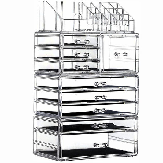 Large Clear Makeup Organizer with 9 Drawers, Set of 4