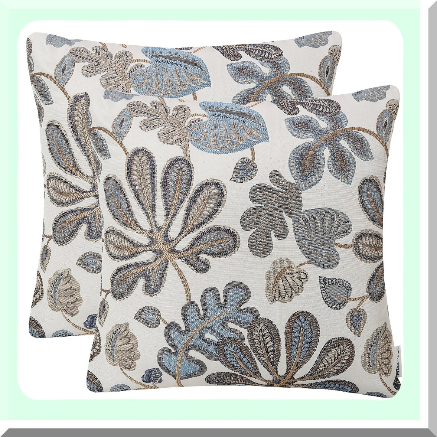 Tropical Leaf Jacquard Pillow Covers - Set of 2 Decorative Pillowcases 22X22 Inches, Blue Cream - Luxe Home Decor Accent for Couch or Bed