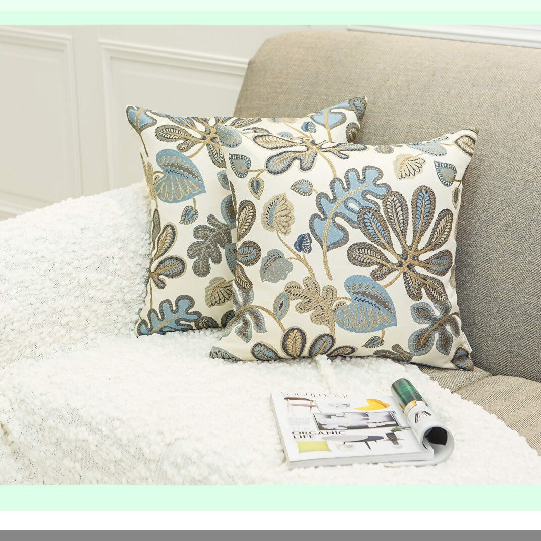 Tropical Leaf Jacquard Pillow Covers - Set of 2 Decorative Pillowcases 22X22 Inches, Blue Cream - Luxe Home Decor Accent for Couch or Bed
