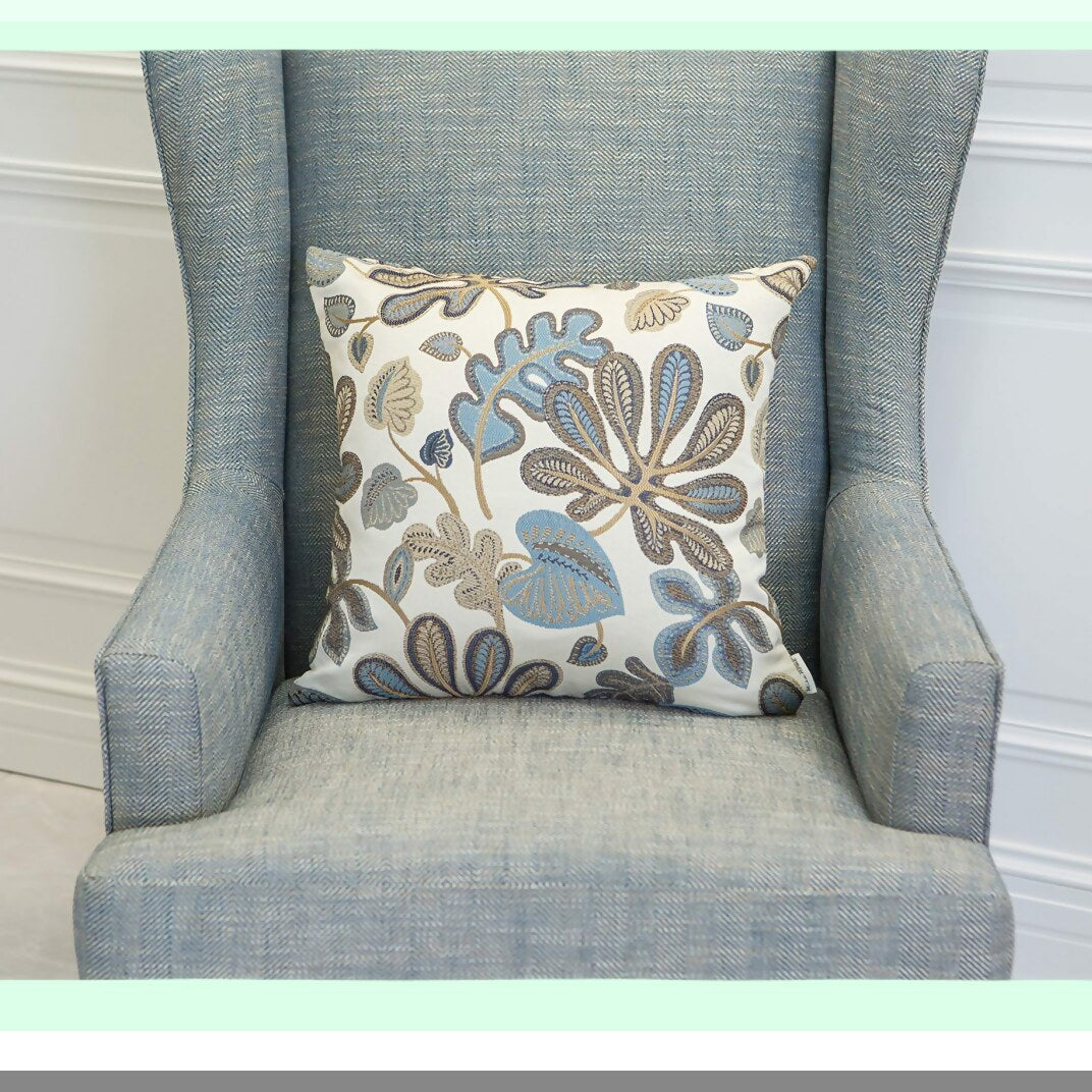 Tropical Leaf Jacquard Pillow Covers - Set of 2 Decorative Pillowcases 22X22 Inches, Blue Cream - Luxe Home Decor Accent for Couch or Bed