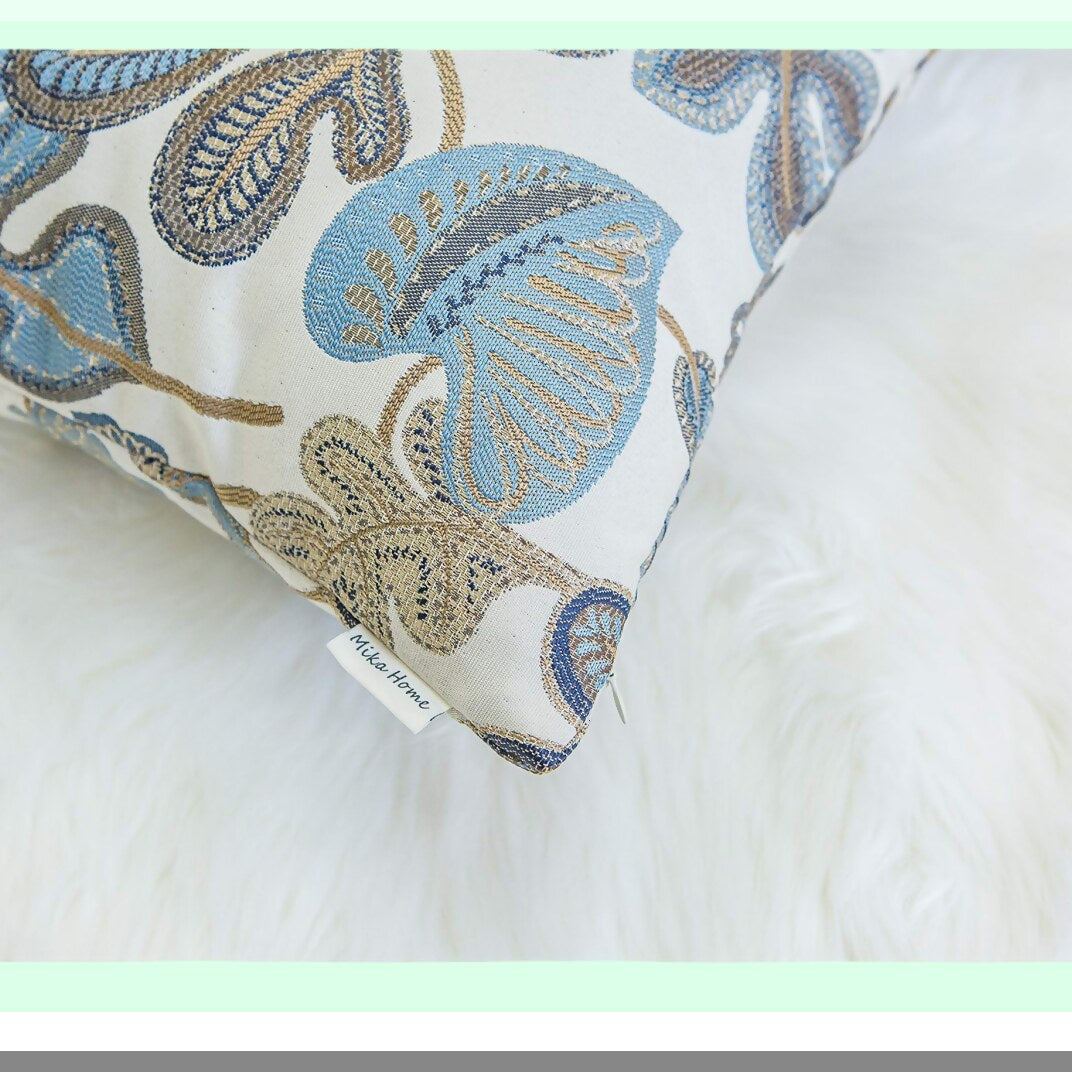 Tropical Leaf Jacquard Pillow Covers - Set of 2 Decorative Pillowcases 22X22 Inches, Blue Cream - Luxe Home Decor Accent for Couch or Bed