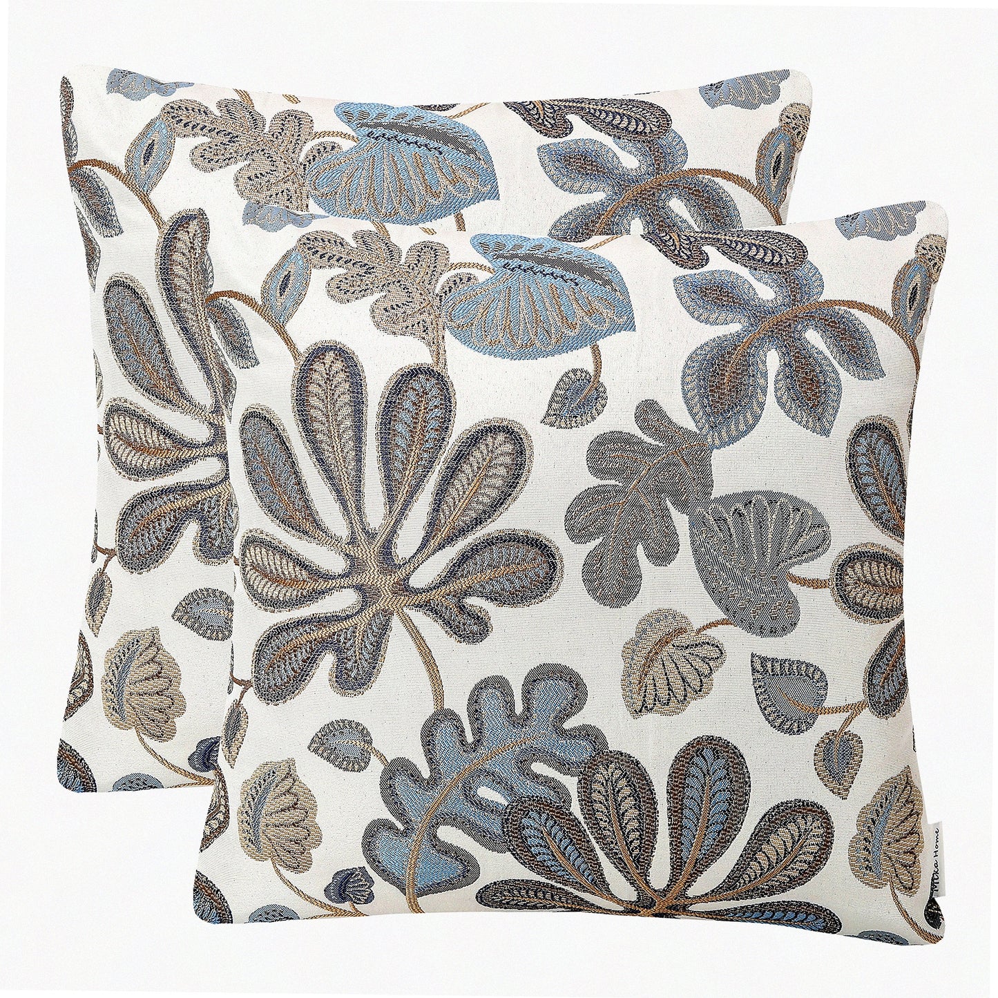 Tropical Leaf Jacquard Pillow Covers - Set of 2 Decorative Pillowcases 22X22 Inches, Blue Cream - Luxe Home Decor Accent for Couch or Bed