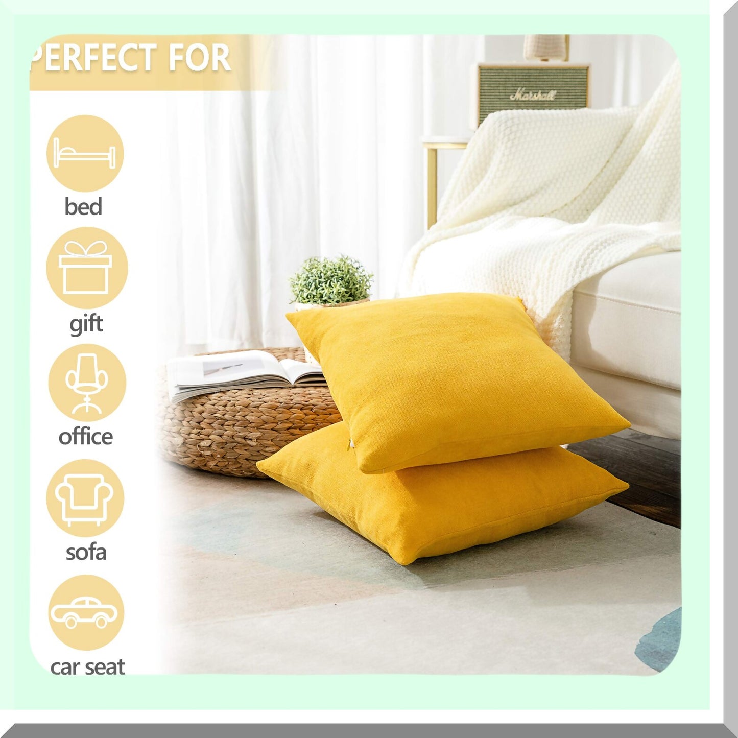 Lemon Yellow Chenille Throw Pillow Covers - Set of 2 Square Decorative Cushion Covers for Bed Couch Sofa Bench - 18 x 18 inch