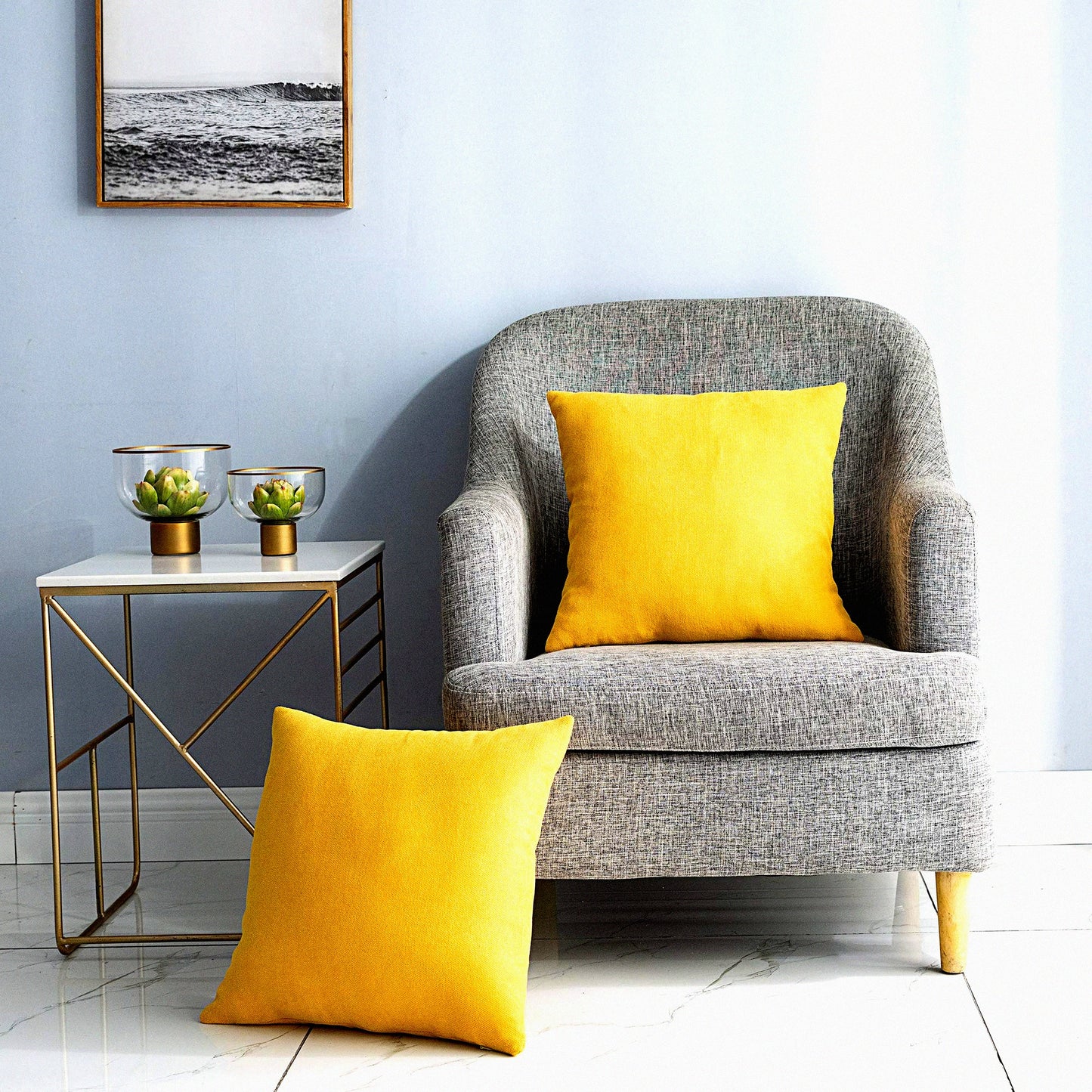 Lemon Yellow Chenille Throw Pillow Covers - Set of 2 Square Decorative Cushion Covers for Bed Couch Sofa Bench - 18 x 18 inch