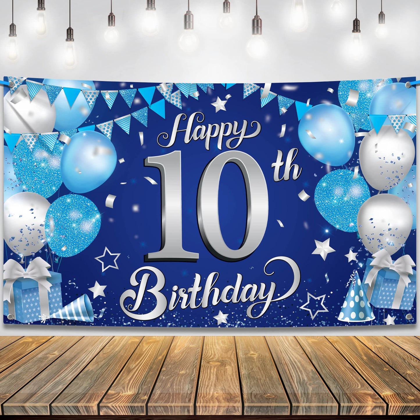Blue Silver 10th Birthday Banner - 72x44 Inch Backdrop Decorations for Boys - Happy 10 Year Old Birthday Sign - Party Supplies for Boy's 10th Birthday