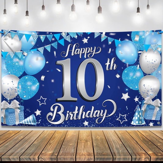 Blue Silver 10th Birthday Banner - 72x44 Inch Backdrop Decorations for Boys - Happy 10 Year Old Birthday Sign - Party Supplies for Boy's 10th Birthday
