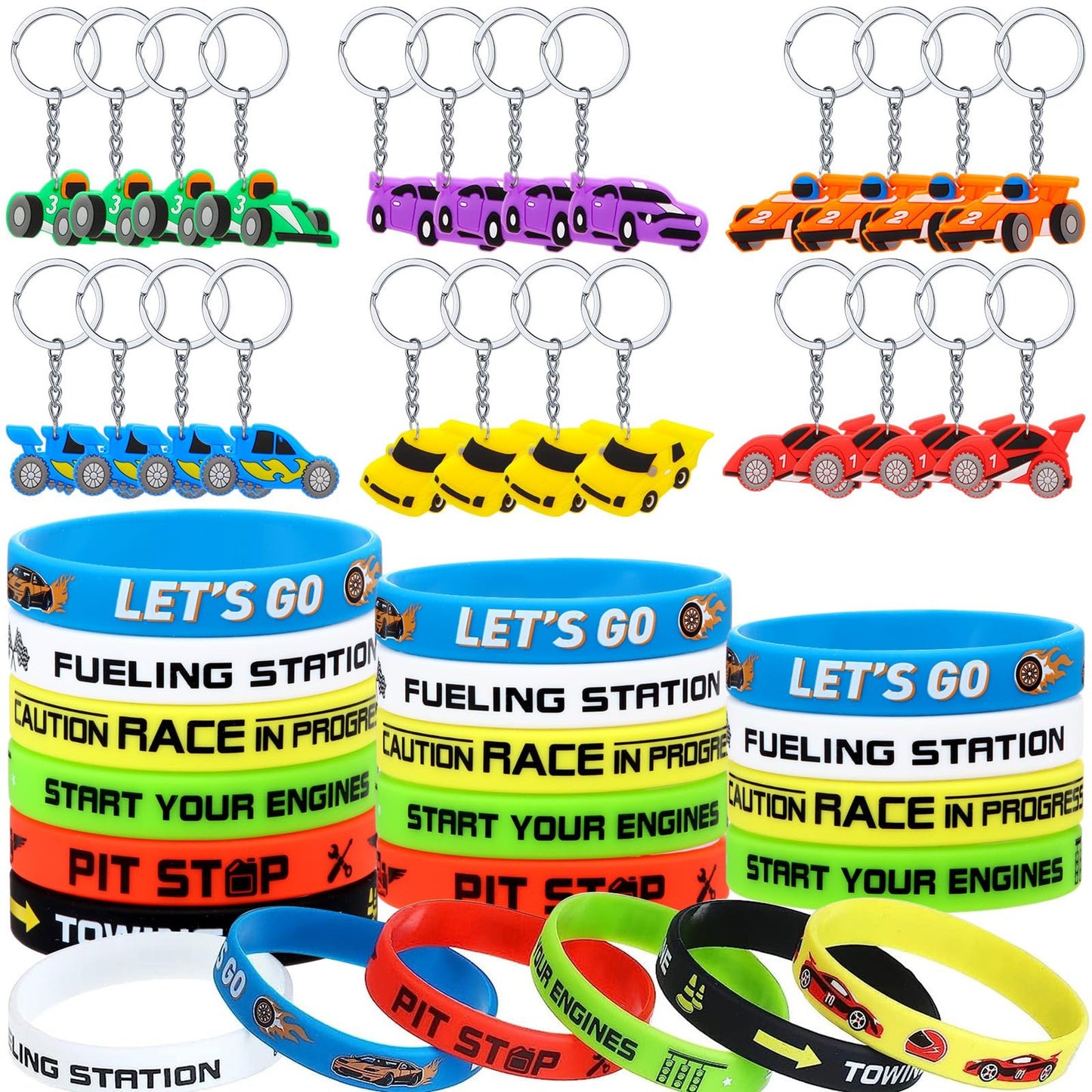Race Car Party Pack - Bracelets & Keychains Set | 48 Pcs Racing Theme Goodie Bag Fillers for Boys & Girls | Birthday Party Decorations & Classroom Rewards