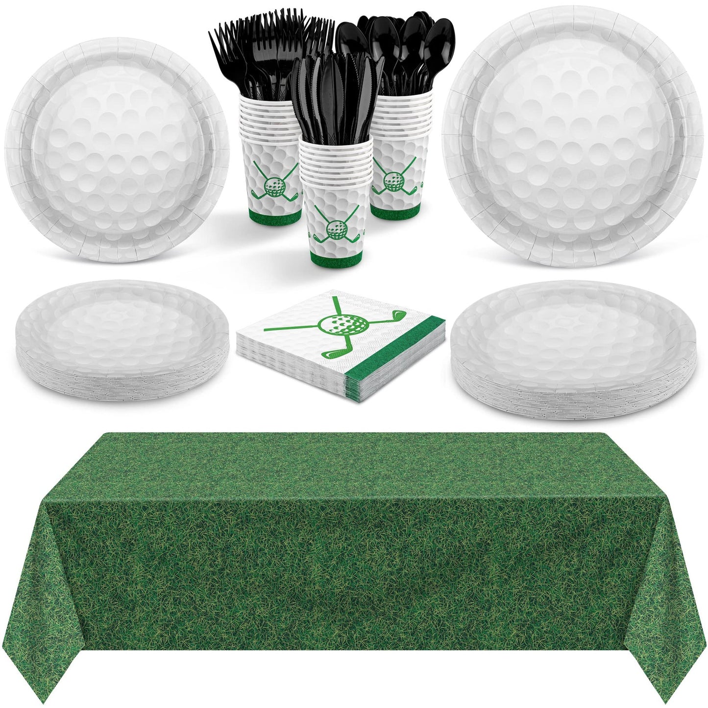 Golf Party Pack - 169 Piece Disposable Tableware Set with Plates, Cups, Napkins, and Cutlery - Green Golf Field Theme for Golf Enthusiasts