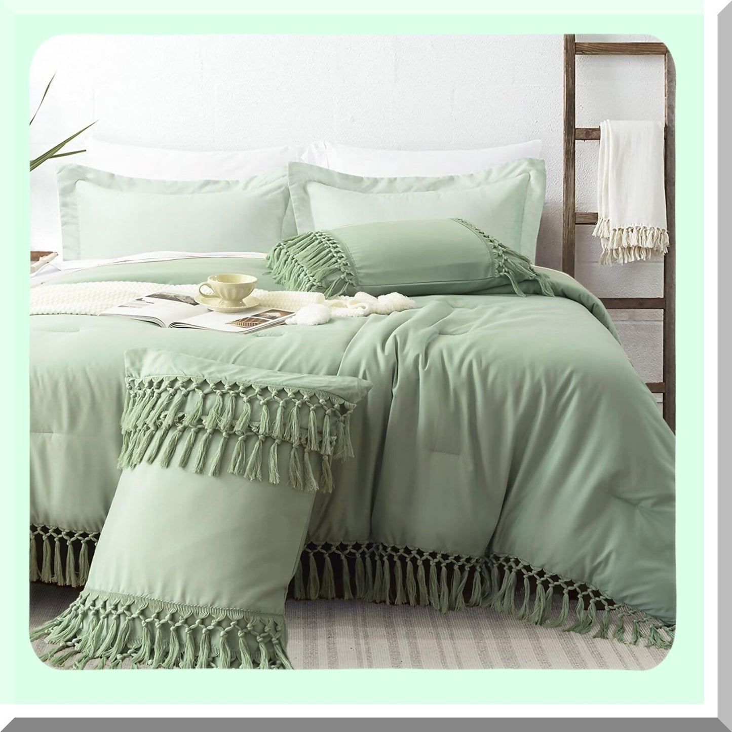 Ultra-Soft Sage Green Boho Farmhouse Comforter Set - Queen Size with Tel Edges, Down Alternative Light-Weight All Season Bedding Set