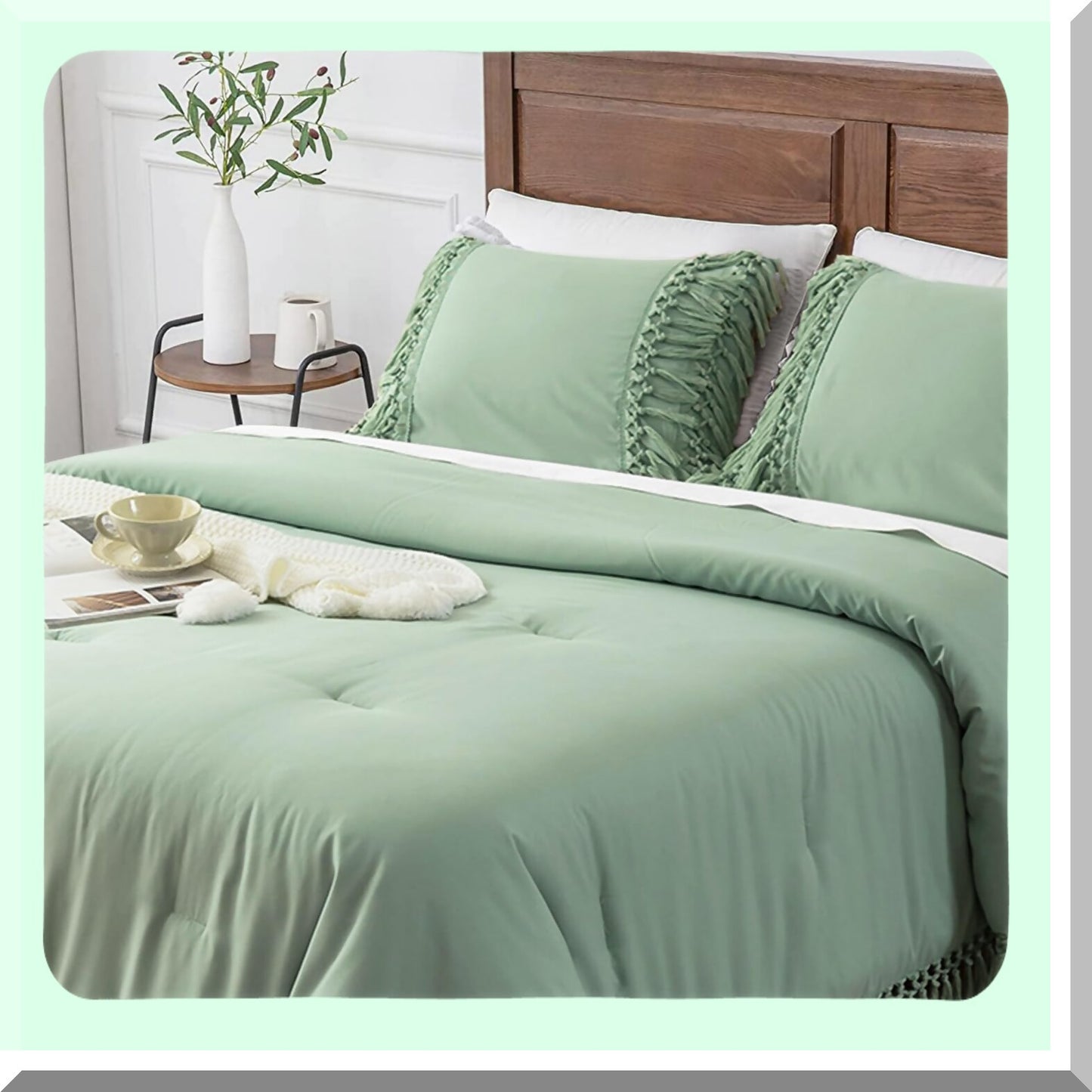 Ultra-Soft Sage Green Boho Farmhouse Comforter Set - Queen Size with Tel Edges, Down Alternative Light-Weight All Season Bedding Set