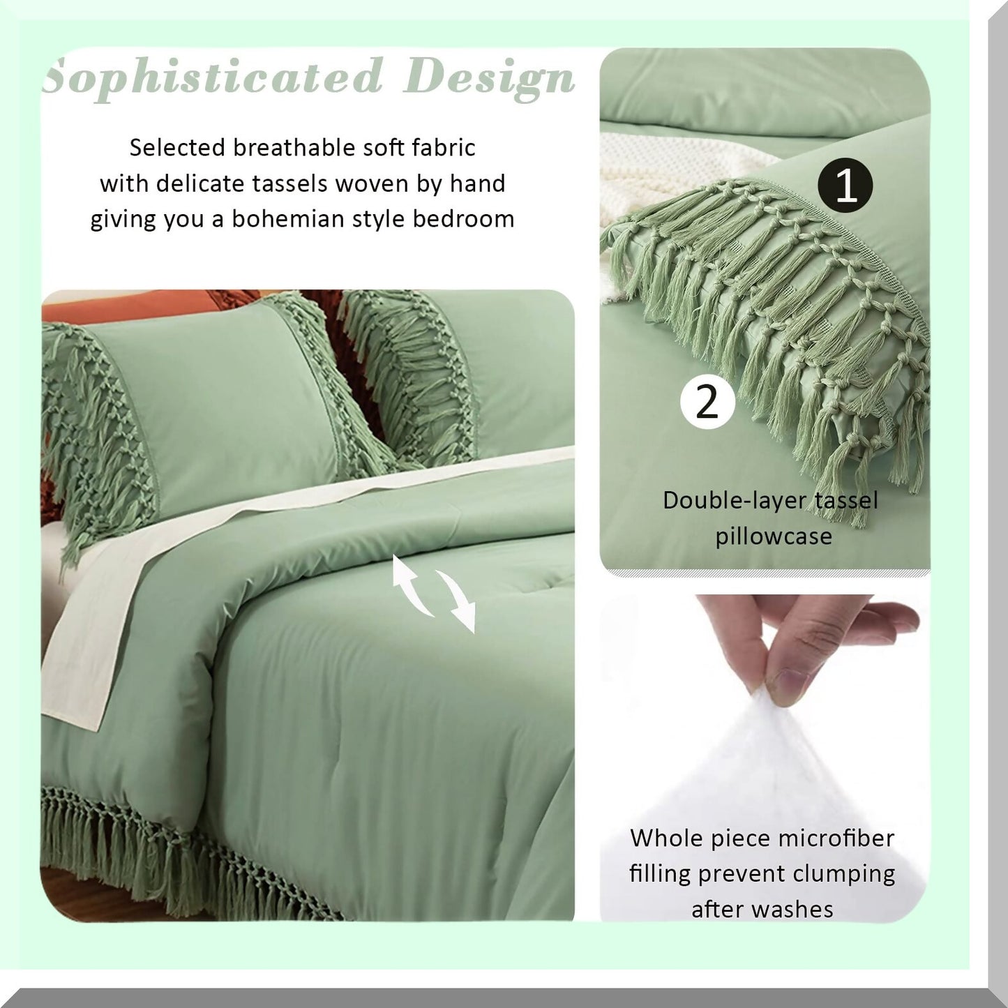 Ultra-Soft Sage Green Boho Farmhouse Comforter Set - Queen Size with Tel Edges, Down Alternative Light-Weight All Season Bedding Set