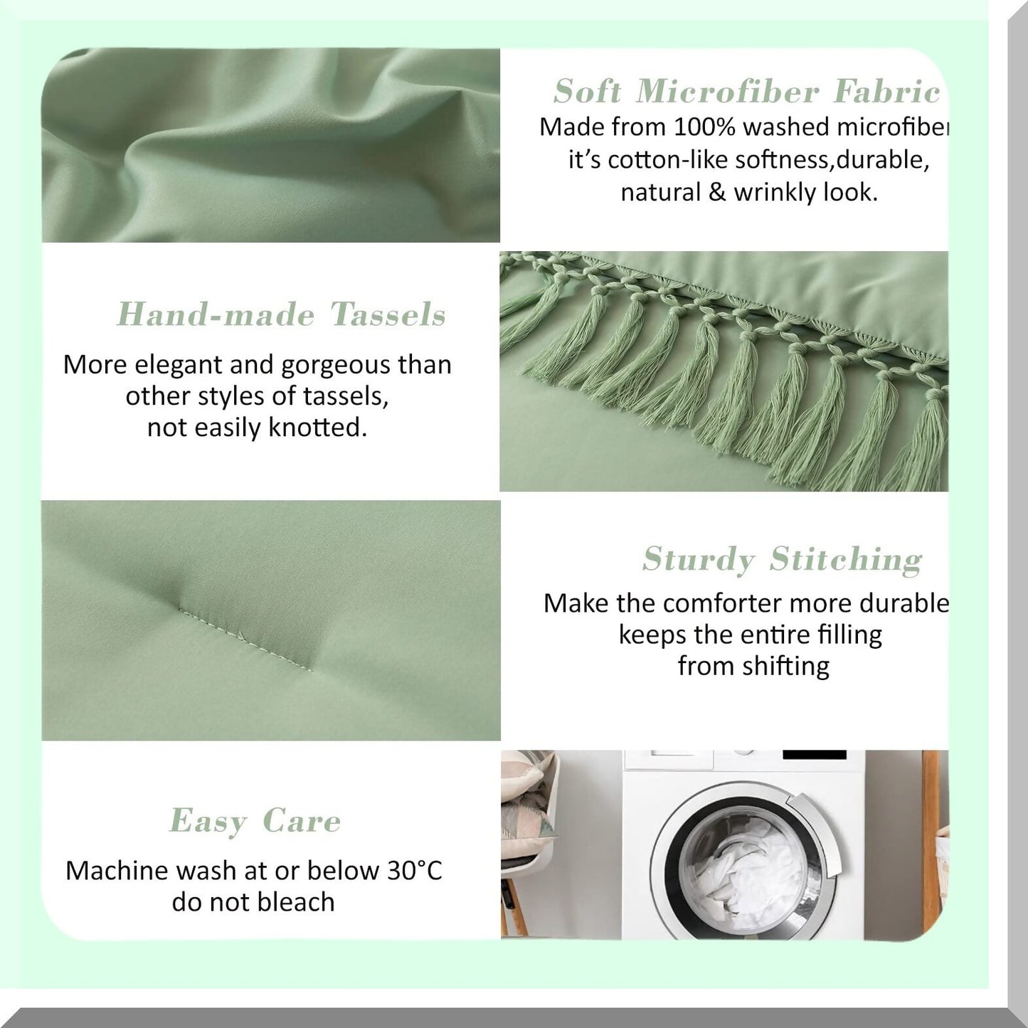 Ultra-Soft Sage Green Boho Farmhouse Comforter Set - Queen Size with Tel Edges, Down Alternative Light-Weight All Season Bedding Set