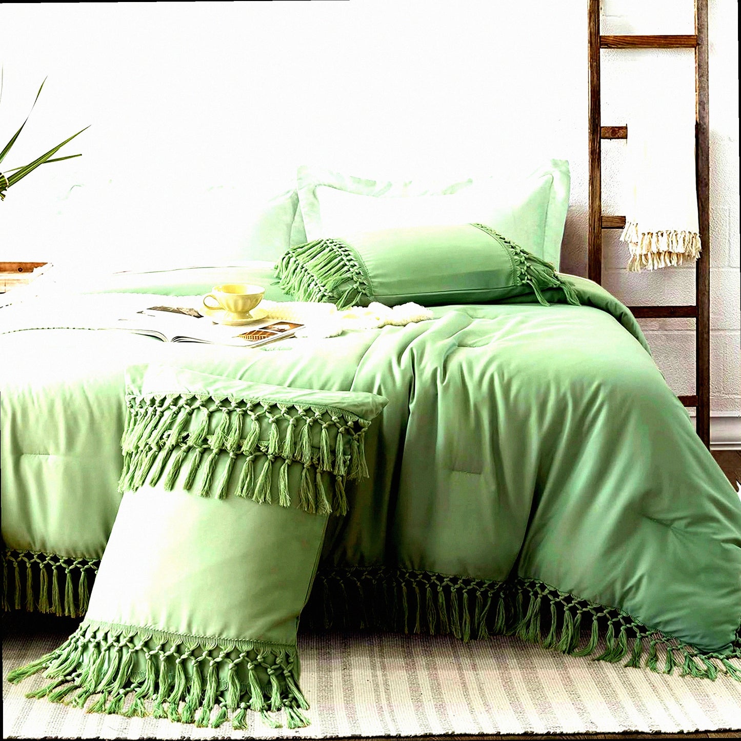 Ultra-Soft Sage Green Boho Farmhouse Comforter Set - Queen Size with Tel Edges, Down Alternative Light-Weight All Season Bedding Set