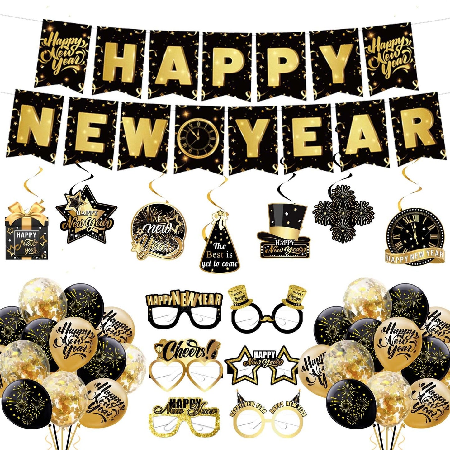 Golden Midnight Celebration Kit - New Year's Eve Party Decor Set with Bunting Banner, Hanging Swirls, Photo Booth Props, Balloons & More