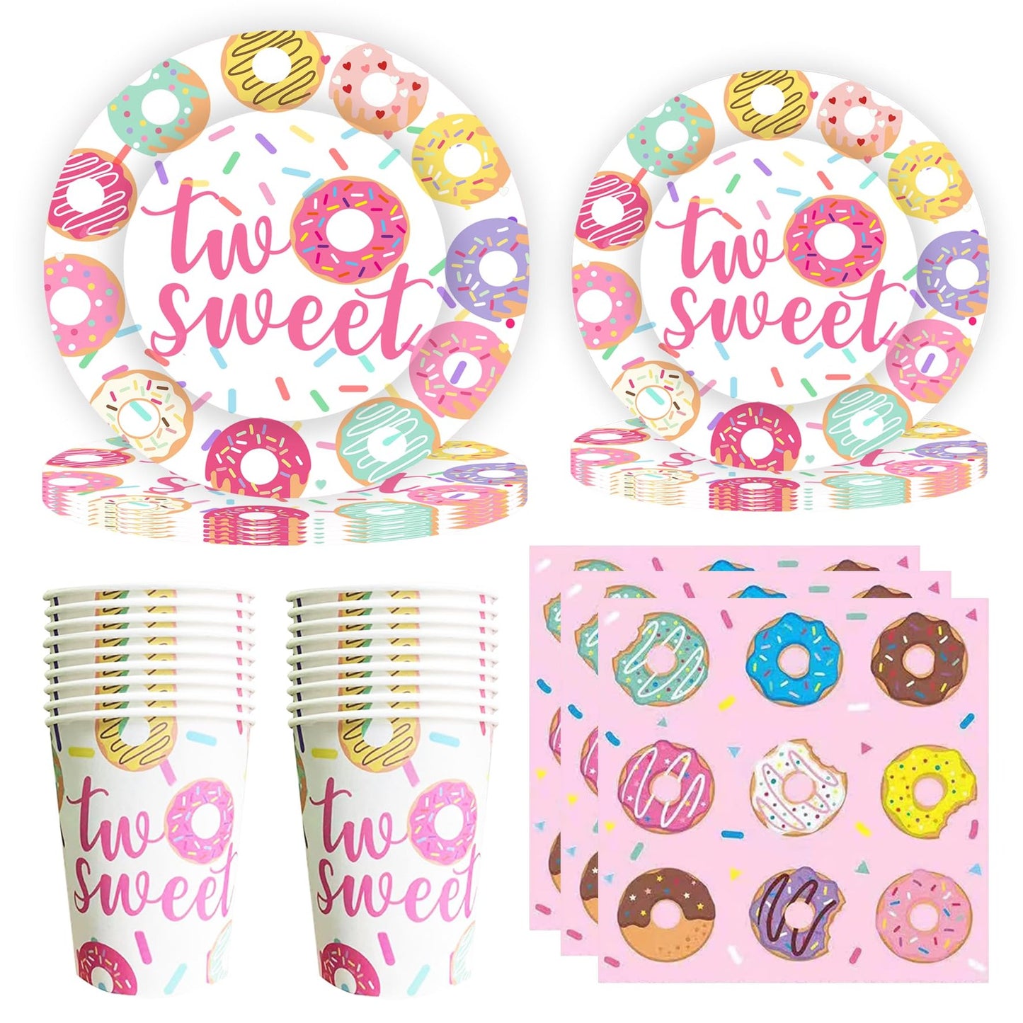 Sweet Celebration Party Pack - Two Sweet Birthday Decor Set for Girls with Donut Theme. Everything you need to make her special day extra sweet!