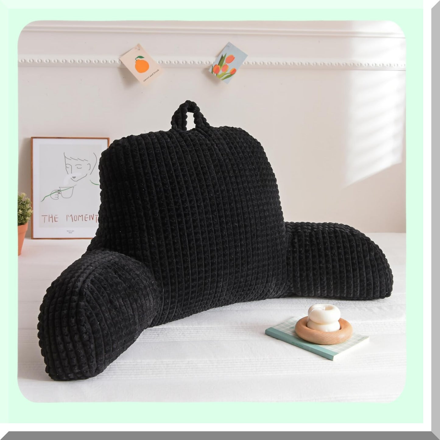 ComfortMax Backrest Pillow with Arm Support - Ultimate Reading Rest Pillow for Bed, Lounging, and Working on Laptop. Perfect Back Support Cushion for Adults, Men, Women, and Teens. Color: Black.