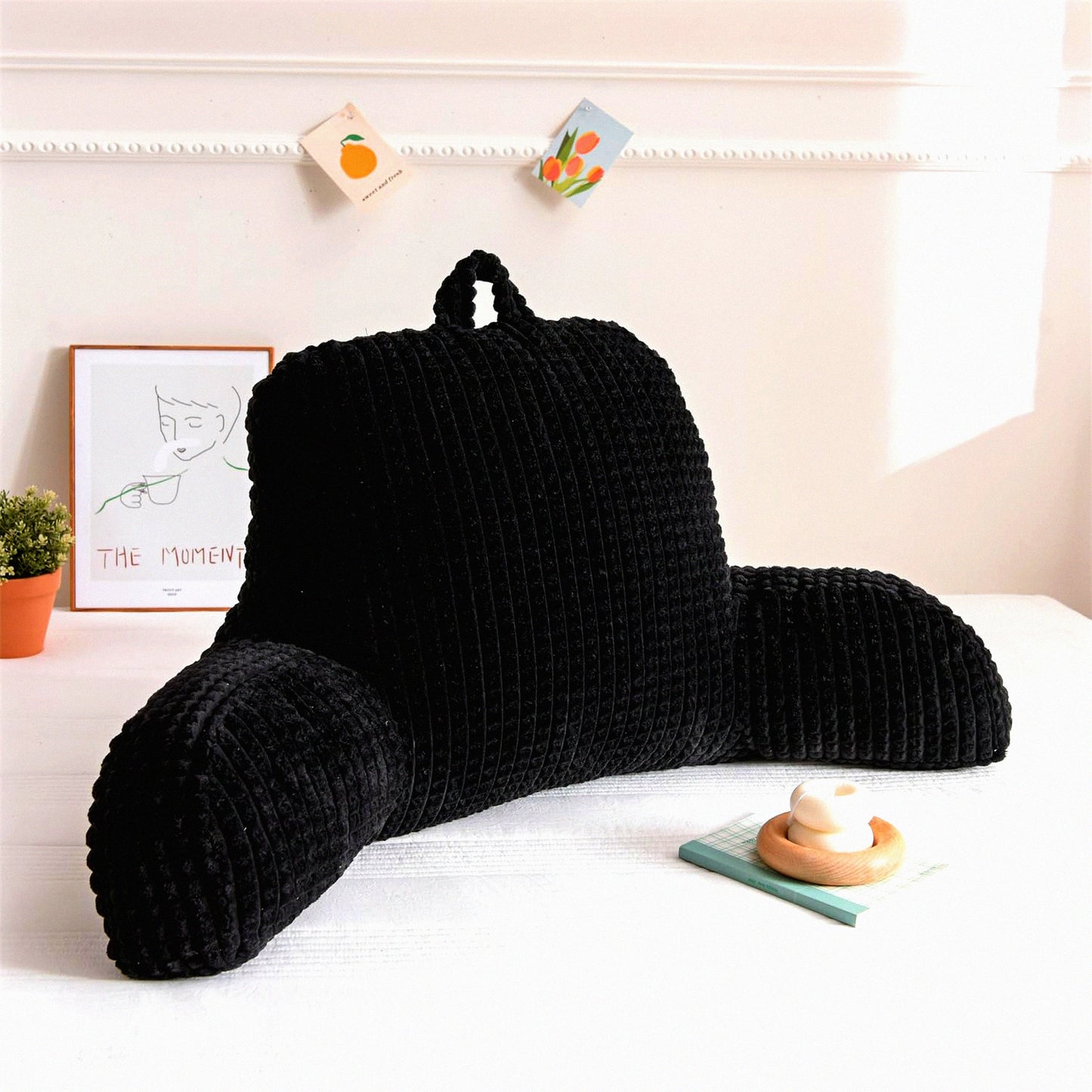 ComfortMax Backrest Pillow with Arm Support - Ultimate Reading Rest Pillow for Bed, Lounging, and Working on Laptop. Perfect Back Support Cushion for Adults, Men, Women, and Teens. Color: Black.