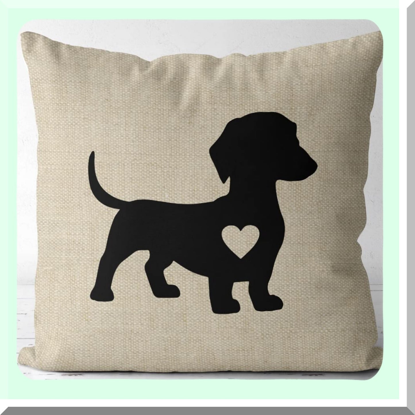Dachshund Heart Decorative Flax Pillow Cover - 18x18 Inch Cotton Linen Cushion for Sofa Couch Bed - Dog Lover Home Decor Accent - Flax Dachshund Heart