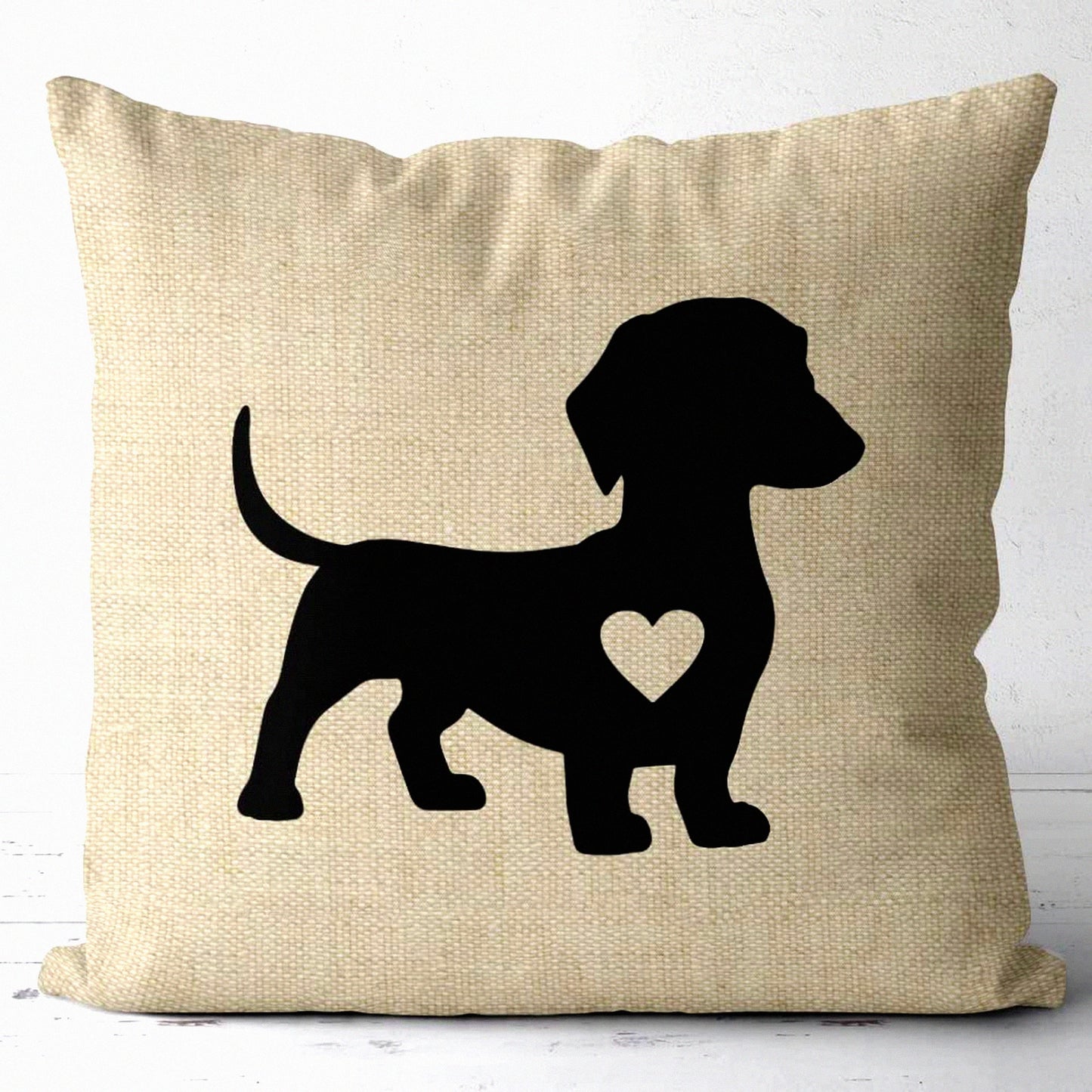 Dachshund Heart Decorative Flax Pillow Cover - 18x18 Inch Cotton Linen Cushion for Sofa Couch Bed - Dog Lover Home Decor Accent - Flax Dachshund Heart