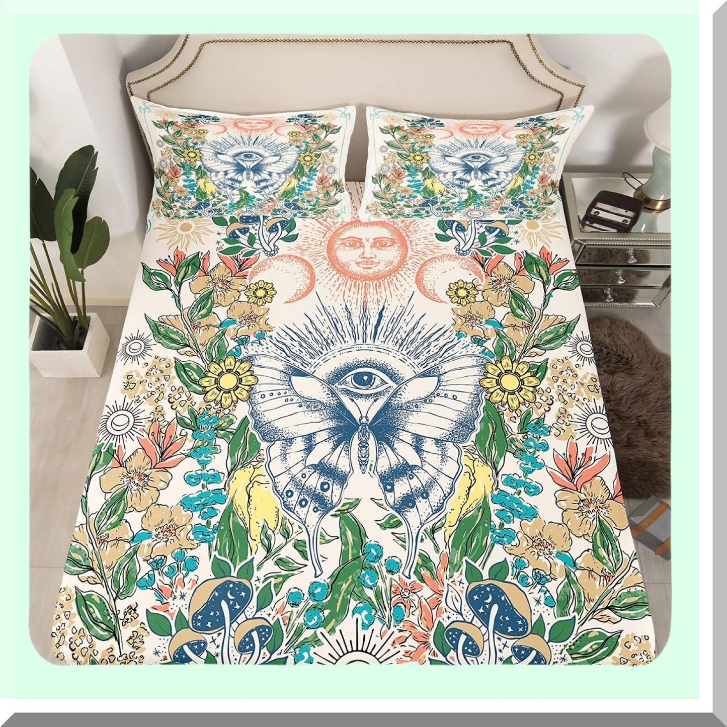 Retro Flower Power Fitted Sheet Set - Full Size Hippie Butterfly Bedding with Sun and Moon Design, Groovy Floral Print, Deep Pocket, 60s 70s Vintage Style