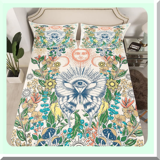 Retro Flower Power Fitted Sheet Set - Full Size Hippie Butterfly Bedding with Sun and Moon Design, Groovy Floral Print, Deep Pocket, 60s 70s Vintage Style