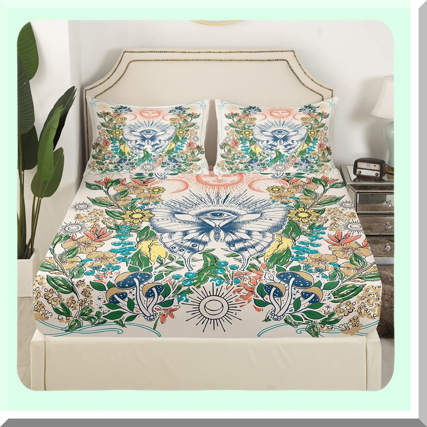 Retro Flower Power Fitted Sheet Set - Full Size Hippie Butterfly Bedding with Sun and Moon Design, Groovy Floral Print, Deep Pocket, 60s 70s Vintage Style