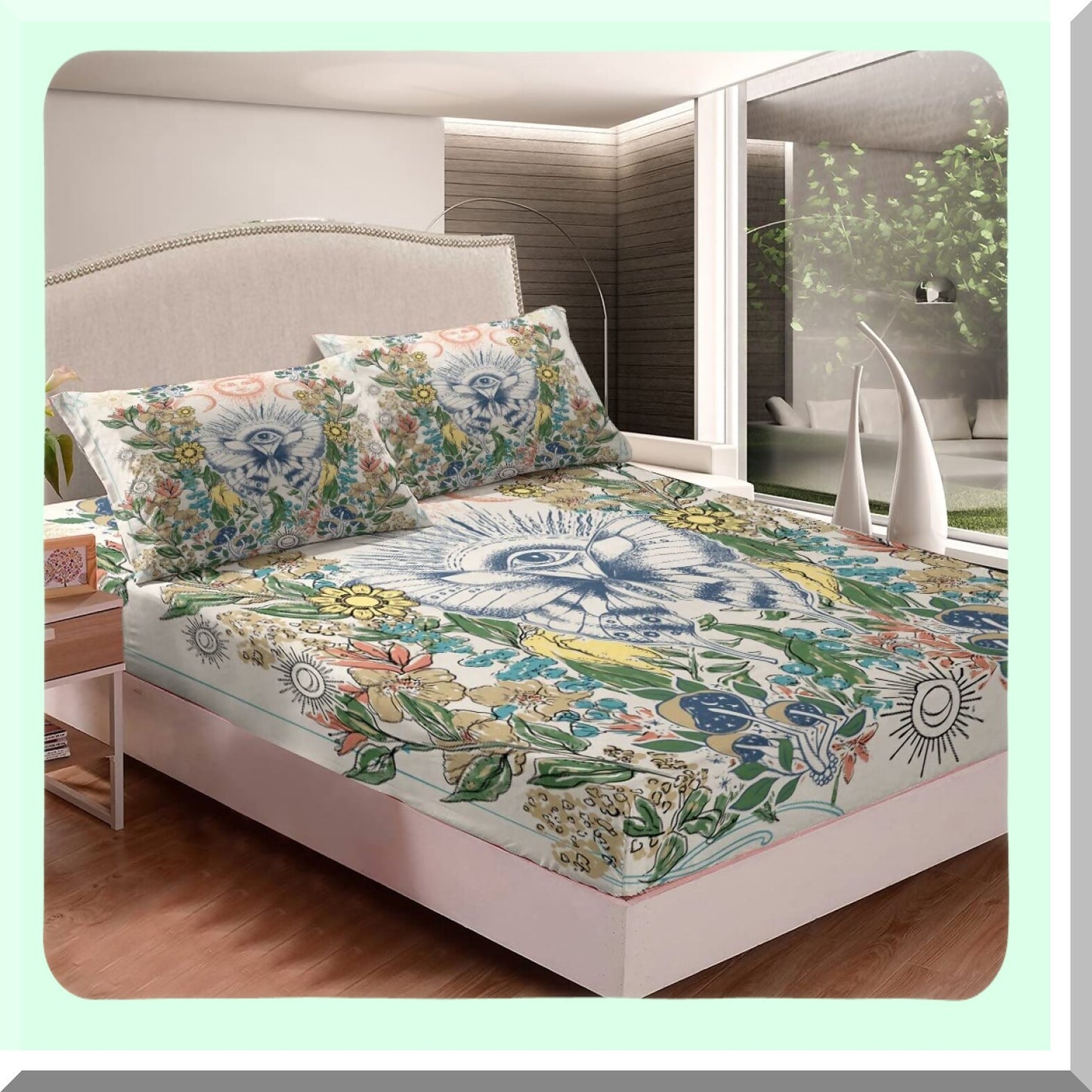 Retro Flower Power Fitted Sheet Set - Full Size Hippie Butterfly Bedding with Sun and Moon Design, Groovy Floral Print, Deep Pocket, 60s 70s Vintage Style