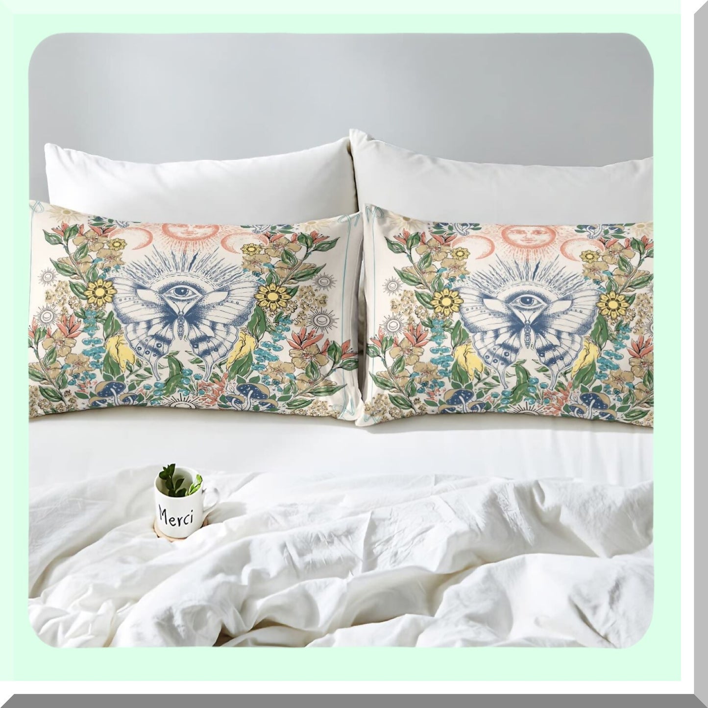 Retro Flower Power Fitted Sheet Set - Full Size Hippie Butterfly Bedding with Sun and Moon Design, Groovy Floral Print, Deep Pocket, 60s 70s Vintage Style