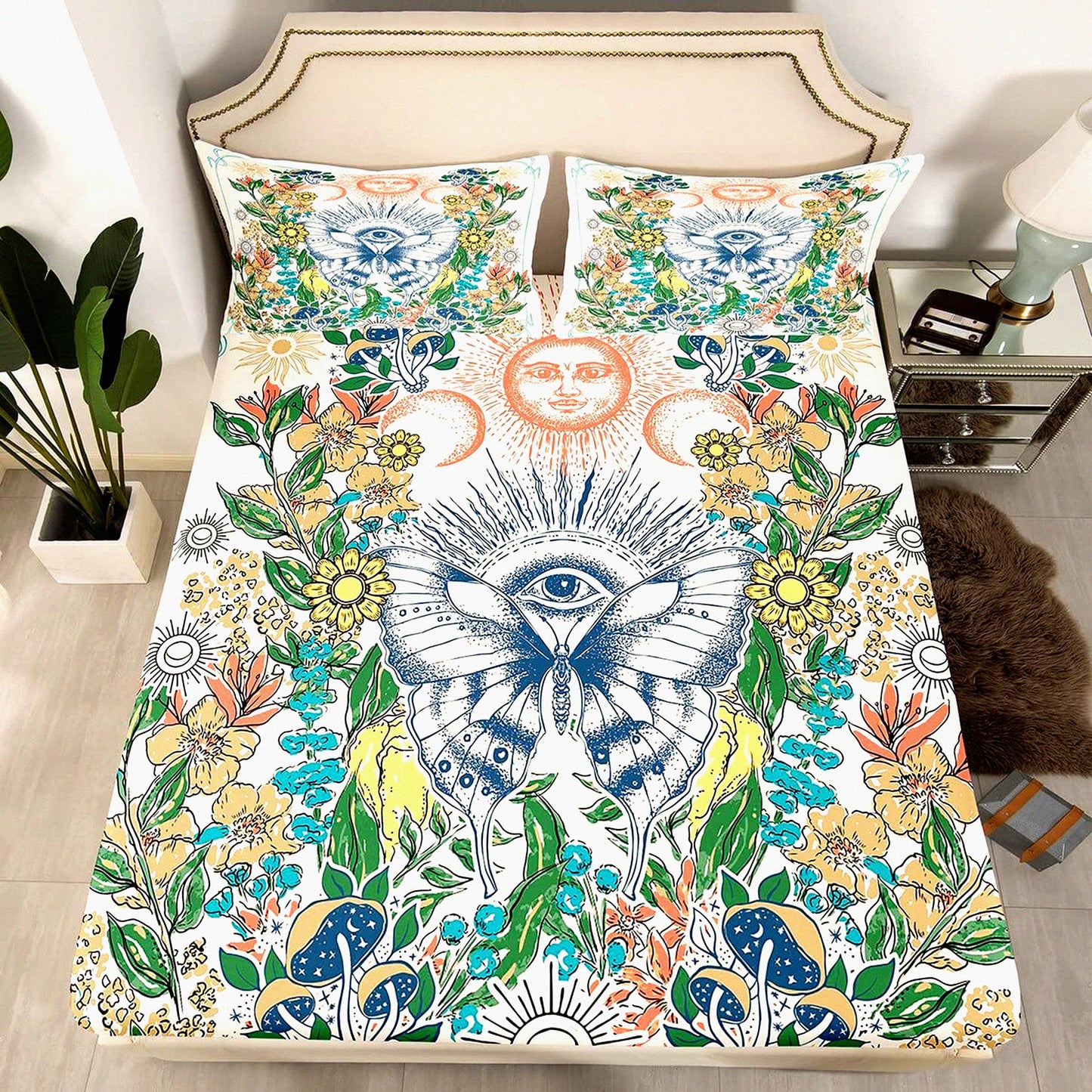 Retro Flower Power Fitted Sheet Set - Full Size Hippie Butterfly Bedding with Sun and Moon Design, Groovy Floral Print, Deep Pocket, 60s 70s Vintage Style