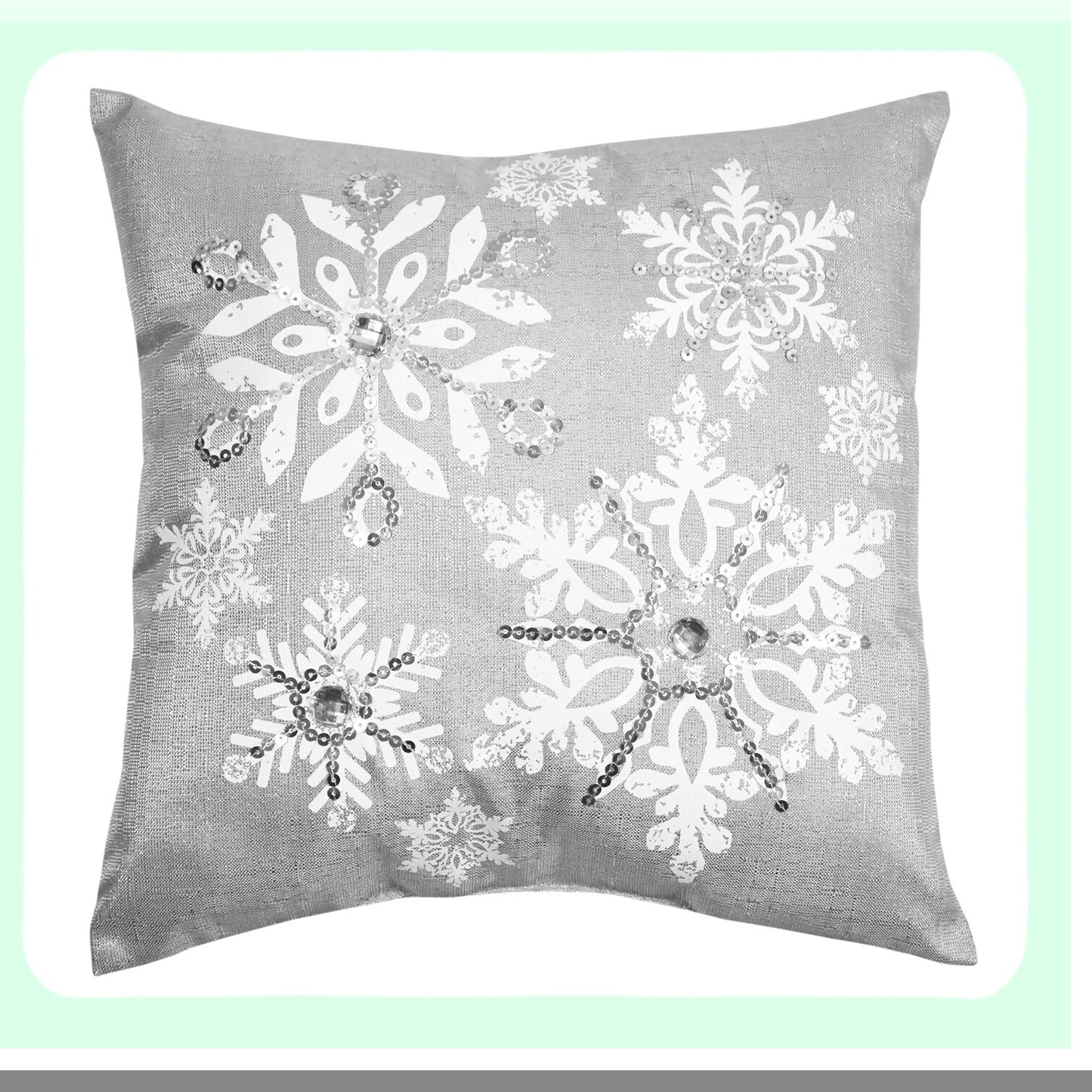 Snowflake Sparkle Pillow - 14"x14" Silver Accent Cushion, Let It Snow Collection, Bright Polyester Throw Pillow