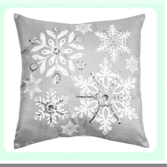 Snowflake Sparkle Pillow - 14"x14" Silver Accent Cushion, Let It Snow Collection, Bright Polyester Throw Pillow