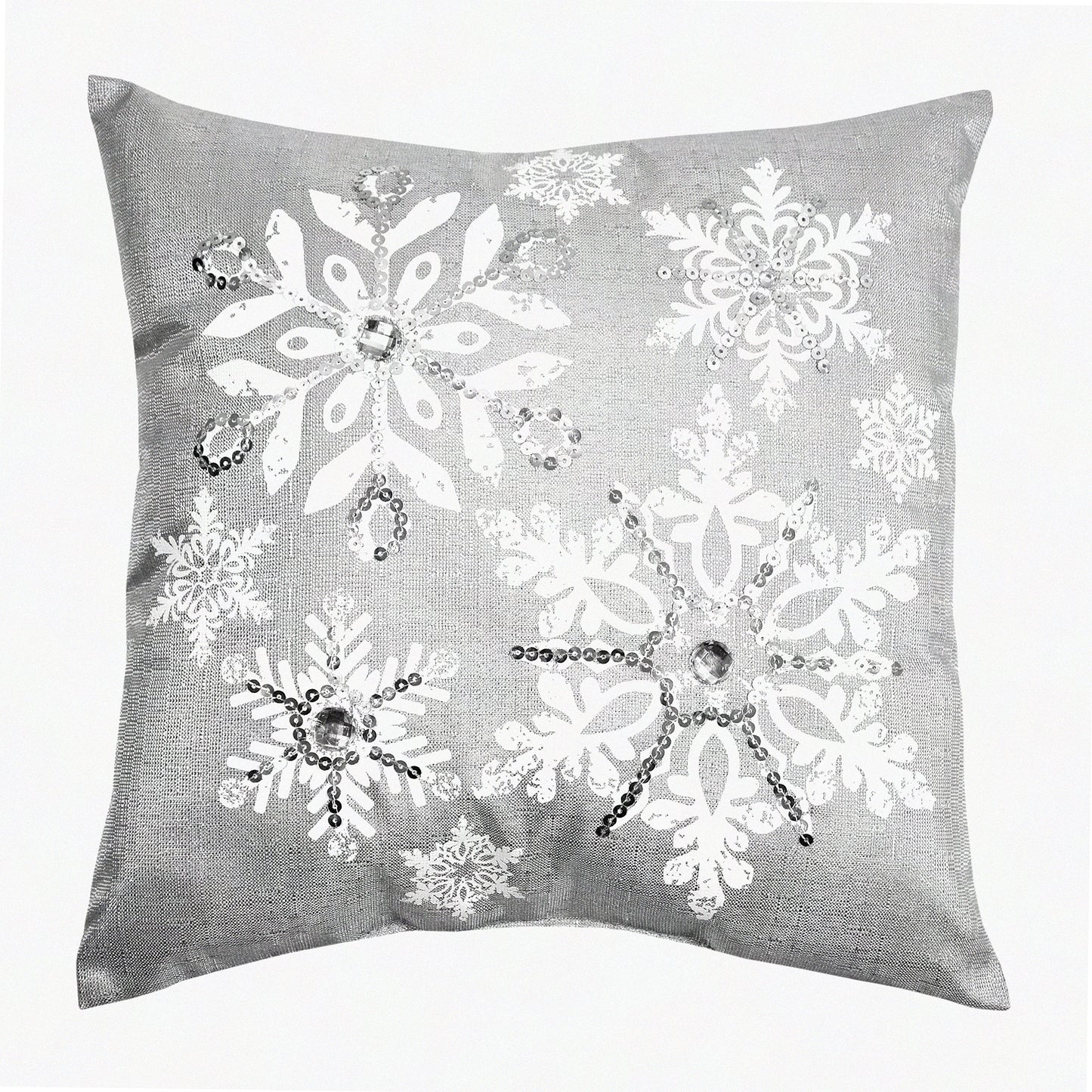 Snowflake Sparkle Pillow - 14"x14" Silver Accent Cushion, Let It Snow Collection, Bright Polyester Throw Pillow