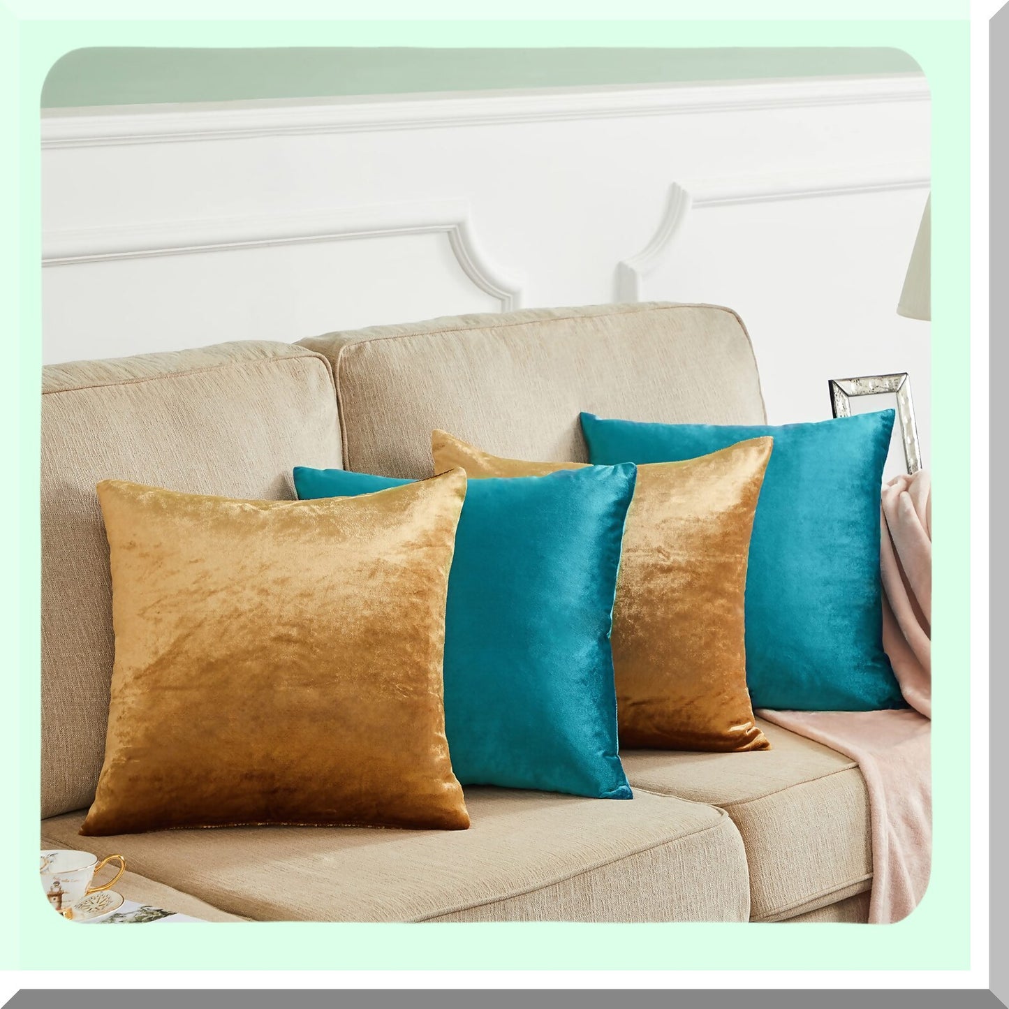 Luxury Velvet Gold Teal Pillow Covers - Set of 4 | Soft Square Cushion Covers 18 x 18 | Decorative Throw Pillowcases for Home Decor