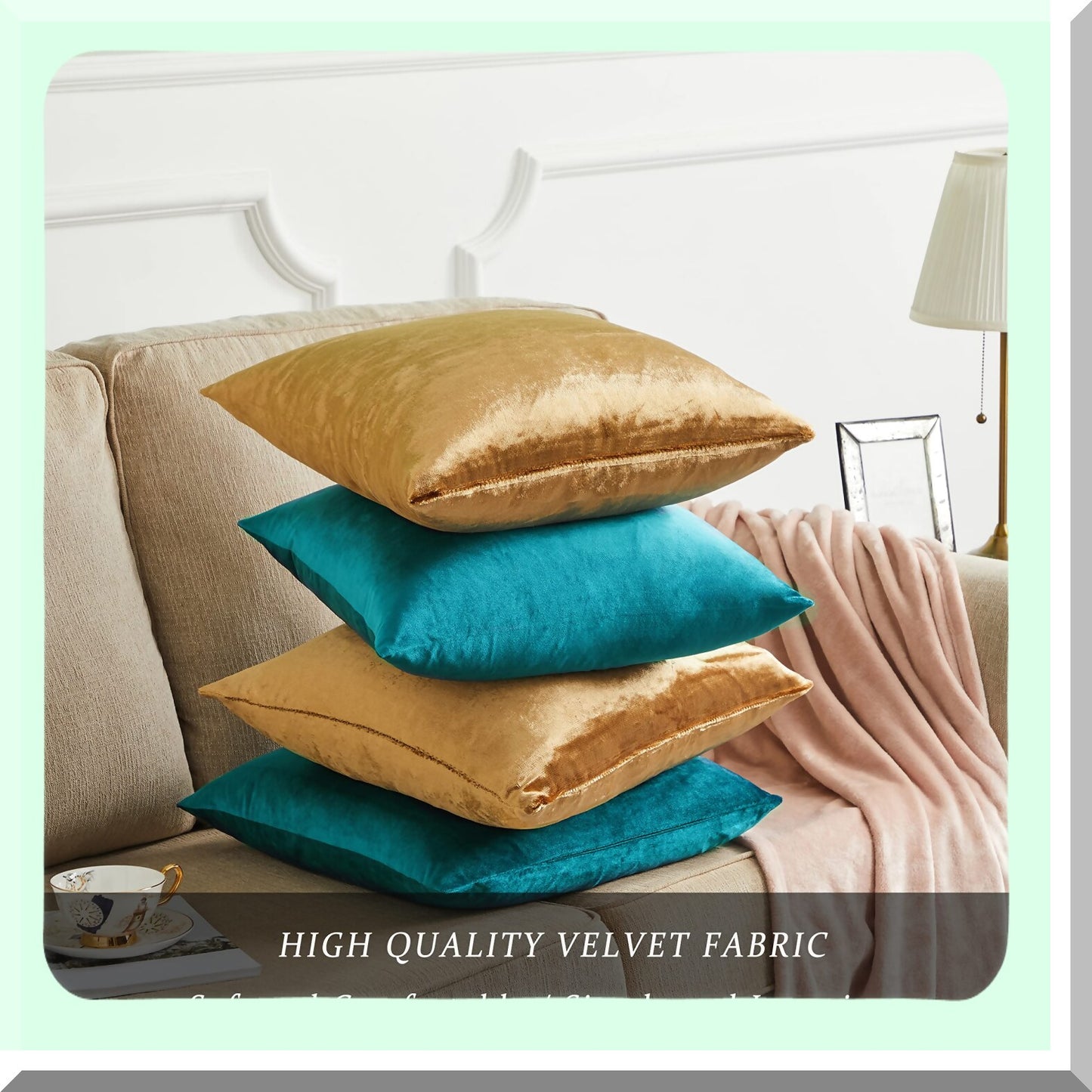 Luxury Velvet Gold Teal Pillow Covers - Set of 4 | Soft Square Cushion Covers 18 x 18 | Decorative Throw Pillowcases for Home Decor
